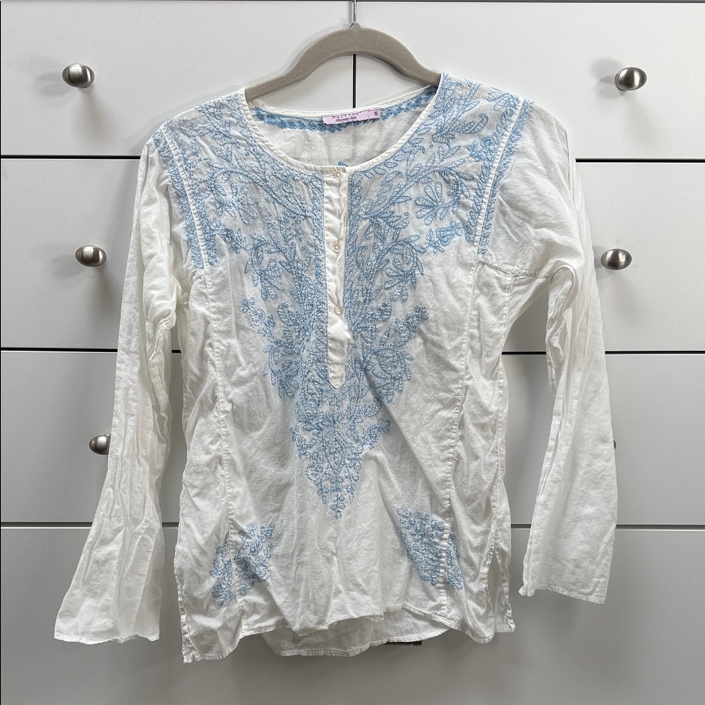 Calypso St. Barth White and Blue Embroidered Blouse